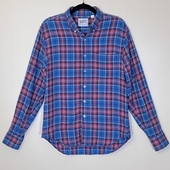 Naked & Famous Button Down Plaid Long Sleeve Shirt - Men's Size M - Blue Red - Picture 1 of 9
